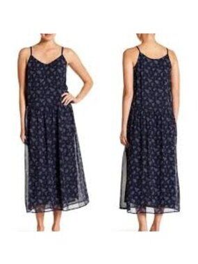 NWT VINCE Calico Floral Shirred Waist Silk Drop Waist Midi Dress S Coastal Blue